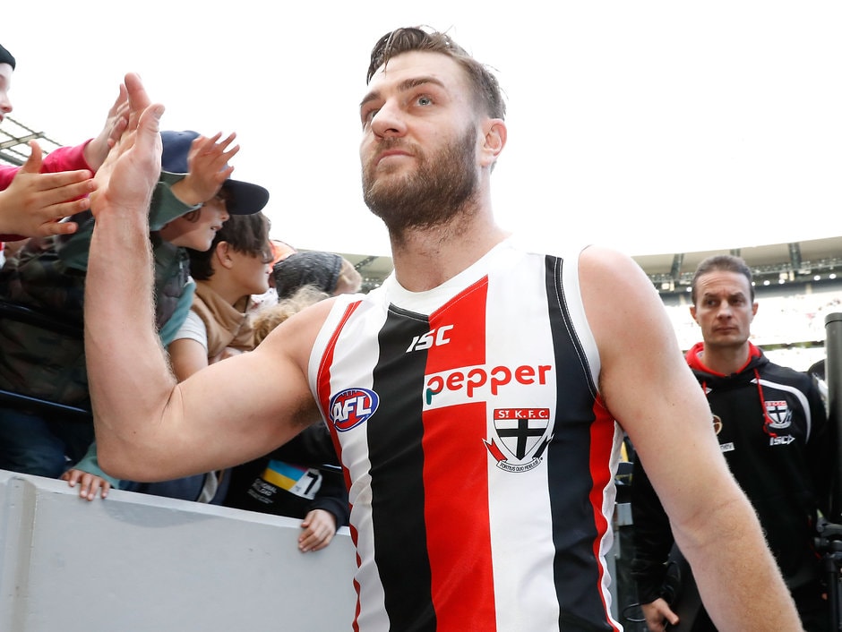 AFL 2016 Rd 20 - Carlton v St Kilda MELBOURNE, AUSTRALIA - AUGUST 07: Sam Fisher of the Saints thanks fans during the 2016 AFL Round 20 match between the Carlton Blues and the St Kilda Saints at the Melbourne Cricket Ground on August 07, 2016 in Melbourne, Australia. (Photo by Adam Trafford/AFL Media)